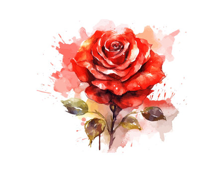 Red rose with love shape drawn digital painting watercolor. Vector illustration design.のイラスト素材