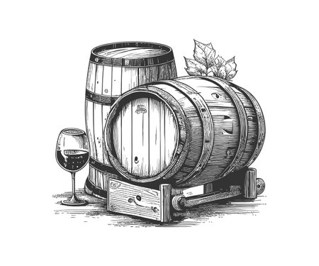 Wooden barrels of wine vintage sketch hand drawn. Vector illustration design.のイラスト素材