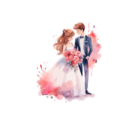 Wedding couple married with flowers watercolor. Vector illustration design.のイラスト素材