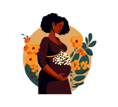 Black pregnant woman holding a flower in her hand. Vector illustration design.のイラスト素材