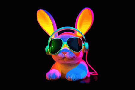 Cool baby young DJ rabbit sunglasses in colorful neon. Vector illustration design.のイラスト素材