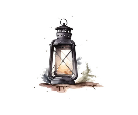 Watercolor old lantern. Black vintage lamp. Vector illustration design.のイラスト素材