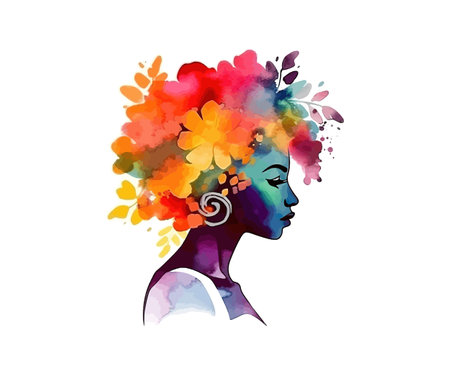 Watercolor portrait of black woman with tropical flower. Vector illustration design.のイラスト素材