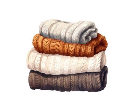 Folded woolen sweaters. Watercolor knitted sweaters with a pattern. Vector illustration design.のイラスト素材