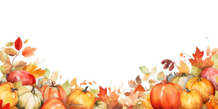 Autumn panorama and pumpkins colorful watercolor frame. Autumn. Vector illustration design.のイラスト素材