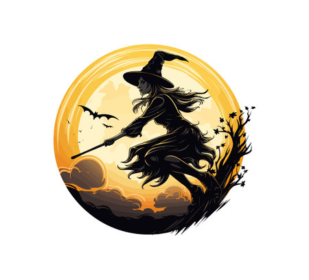 Silhouette of a young flying witch on the broom. Vector illustration design.のイラスト素材