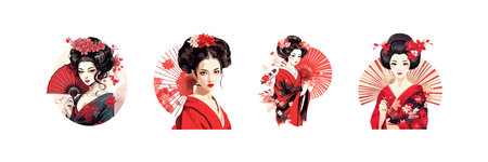 Beautiful Japanese Geisha Holds Red Fan. Vector illustration design.のイラスト素材