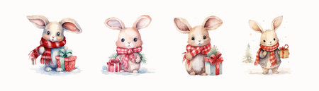 Christmas rabbit in cartoon style. Watercolor. Vector illustration design.のイラスト素材