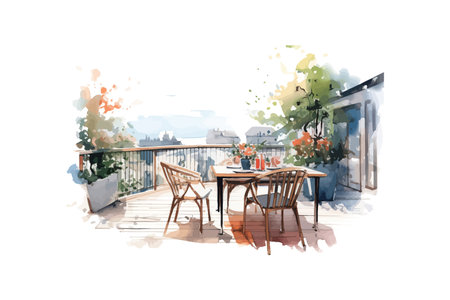Outdoor patio scenario sketch. watercolor. Vector illustration design.のイラスト素材