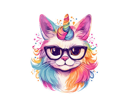 Cute Cat in a unicorn mask rainbow glasses mane horn. Vector illustration design.のイラスト素材