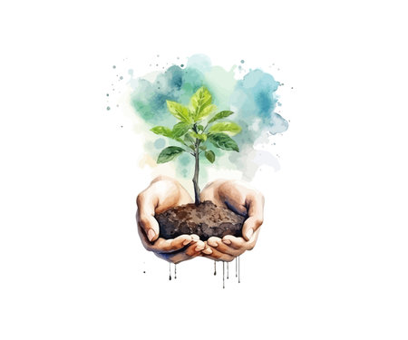 Watercolor Environment Day. Hands holding small tree. Vector illustration design.のイラスト素材