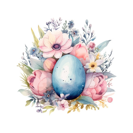Composition of painted eggs with flowers watercolor. Vector illustration design.のイラスト素材