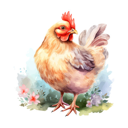 Composition of chicken with painted eggs on grass with flowers watercolor. Vector illustration design.のイラスト素材