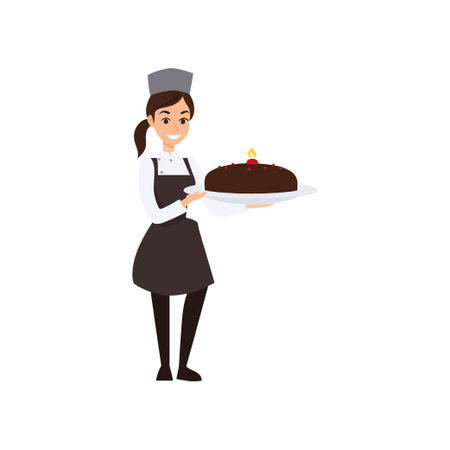 Young happy brunette chef in uniform holds a dish. Vector illustration design.