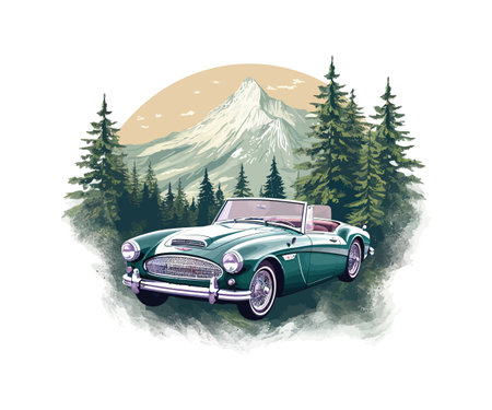 Retro car on the background of mountains. Vector illustration designのイラスト素材