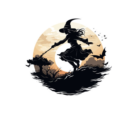 Silhouette of a young flying witch on the broom. Vector illustration design.のイラスト素材