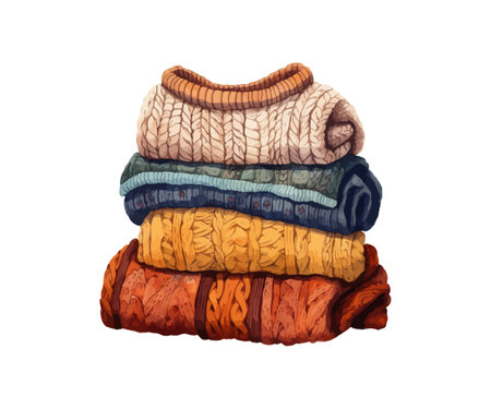 Folded woolen sweaters. Watercolor knitted sweaters with a pattern. Vector illustration design.のイラスト素材