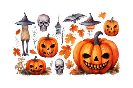 Watercolor set of halloween elements. Bright hand-draw. Vector illustration design.のイラスト素材