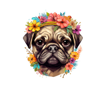 Hippie Pug puppy in a floral head wreath. Vector illustration design.のイラスト素材