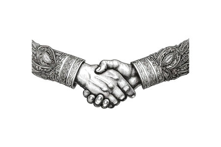 Handshake in style of an ancient engraving. Vector illustration design.のイラスト素材