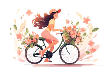 Girl rides a bicycle with flowers. Vector illustration design.のイラスト素材