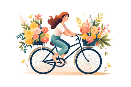Girl rides a bicycle with flowers. Vector illustration design.のイラスト素材