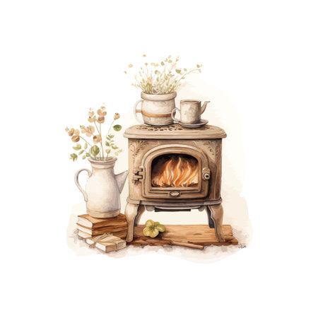 Cozy woodburner watercolor. Vector illustration design.のイラスト素材