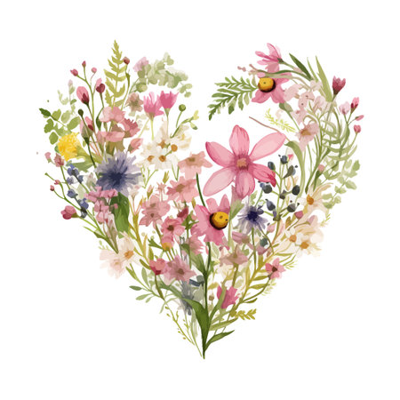 Wildflowers in the shape of a watercolor heart. Vector illustration design.のイラスト素材