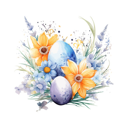 Composition of painted eggs with flowers watercolor. Vector illustration design.のイラスト素材