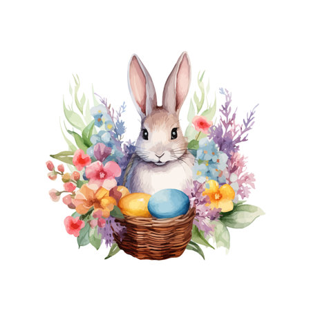 Easter bunny with a basket of dyed eggs watercolor. Vector illustration design.のイラスト素材