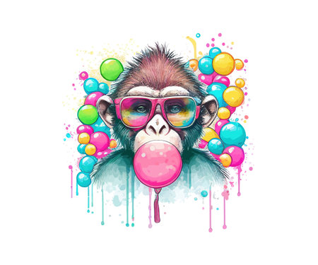 Funny Monkey in a rainbow glasses and bubbles. Vector illustration design.のイラスト素材
