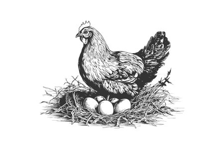Hen laying eggs in the nest sketch hand drawn. Vector illustration design.のイラスト素材
