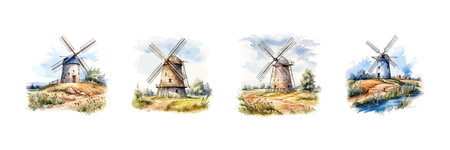 Mill watercolor set. Vector illustration design.のイラスト素材