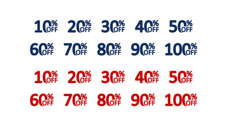 10%, 20%, 30%, 40%, 50%, 60%, 70%, 80%, 90%, 100% off discount icon. Blue and red promotion label...