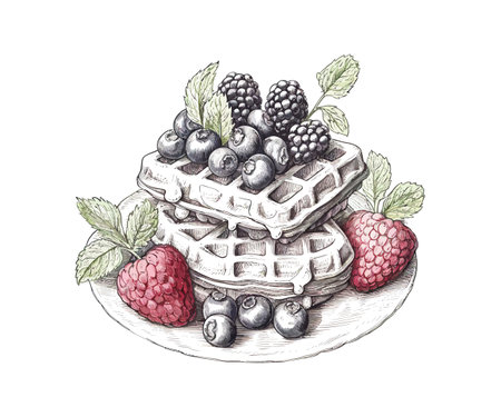 Hand drawn waffles with fruit in vintage engraved style. Vector illustration design.のイラスト素材