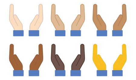Two palms of different skin colors icon. Human palm illustration symbol. Sign gesture vector.のイラスト素材