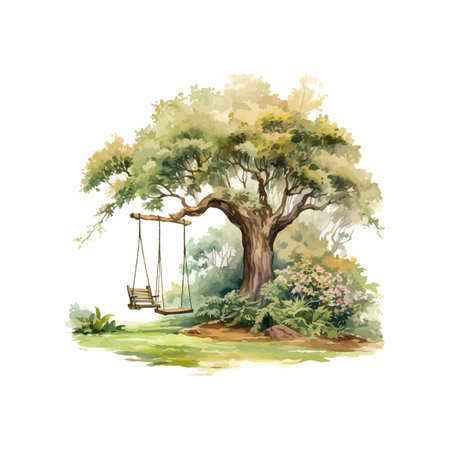Swing hangs on a large tree watercolor. Vector illustration design.のイラスト素材