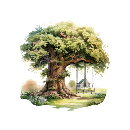 Garden with a big old oak tree and a swing watercolor. Vector illustration design.のイラスト素材