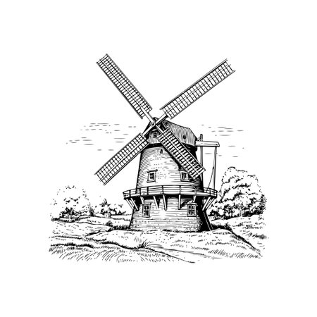 Vintage Windmill Line Art. Hand drawn style. Vector illustration designのイラスト素材