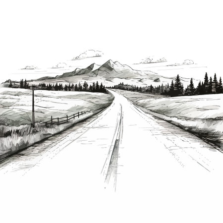 Monochrome Drawing of a Mountainous Landscape Hand drawn style. Vector illustration designのイラスト素材