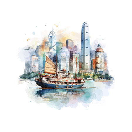 Traditional Junk Boat and Hong Kong Skyline Watercolor. Vector illustration design.のイラスト素材