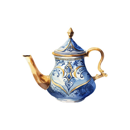 Ornate Golden and Blue Teapot watercolor style. Vector illustration design.のイラスト素材