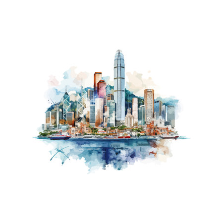 Hong Kong Skyline Watercolor Artwork. Vector illustration design.のイラスト素材