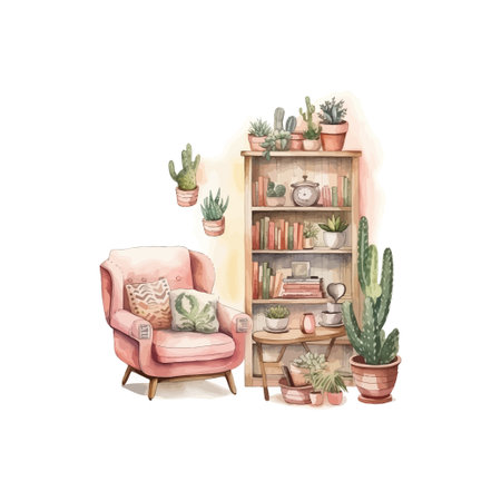 Cozy Home Interior with Bookshelf and Armchair watercolor style. Vector illustration design.のイラスト素材