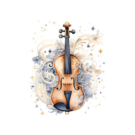 Enchanted Violin with Floral and Starry watercolor style. Vector illustration design.のイラスト素材