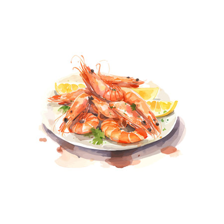 Watercolor Illustration of Cooked Prawns on a Plate. Vector illustration design.のイラスト素材