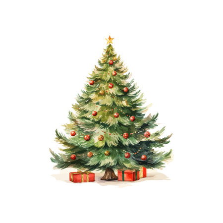 Decorated Christmas Tree with Gifts watercolor style. Vector illustration design.のイラスト素材