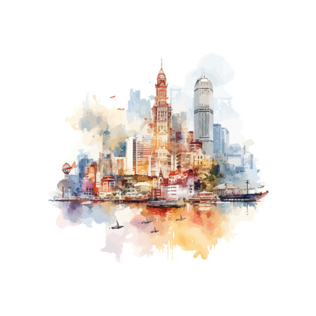 Abstract Watercolor Skyline of Hong Kong Harbor watercolor style. Vector illustration design.のイラスト素材