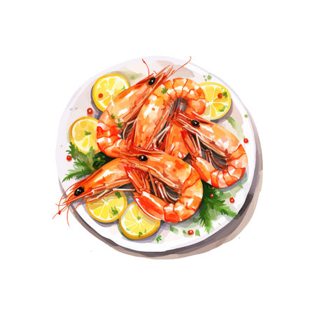Lively Watercolor Cooked Shrimp Platter with Lemon. Vector illustration design.のイラスト素材