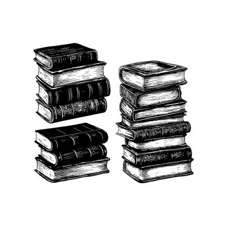 Vintage Black and White Stacked Books Hand drawn style. Vector illustration designのイラスト素材